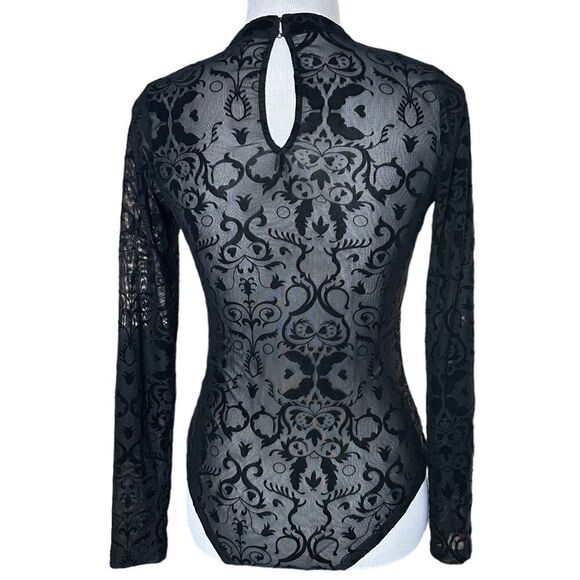 Forever 21 Black Goth Punk Floral Mesh Long Sleeved Bodysuit Shirt Top - Picture 5 of 6